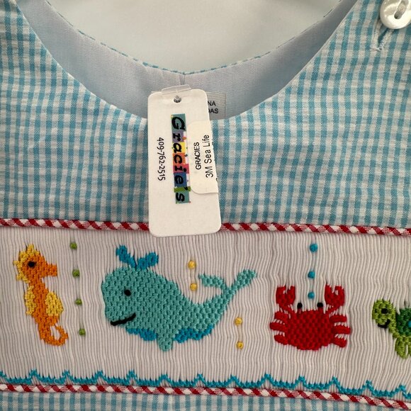 Lulu Bebe Cotton Smocked Pete Shortall Sea Animals sz 3 Months Baby Boy Jon Jon - Picture 3 of 6